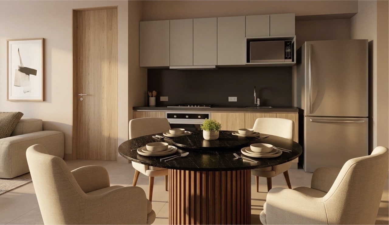 Custom Parota wood base with granite tabletop in a Monte Rocella Cabo condo turnkey project.